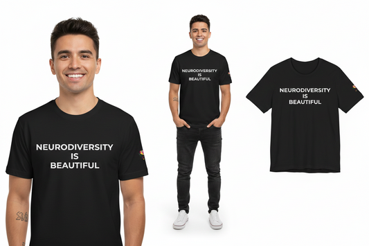 Person wearing a black t-shirt with 'Neurodiversity is Beautiful' text, with a close-up of the shirt on a white background.