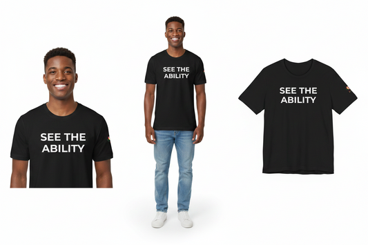 Three people wearing black t-shirts with 'See The Ability' text on a white background