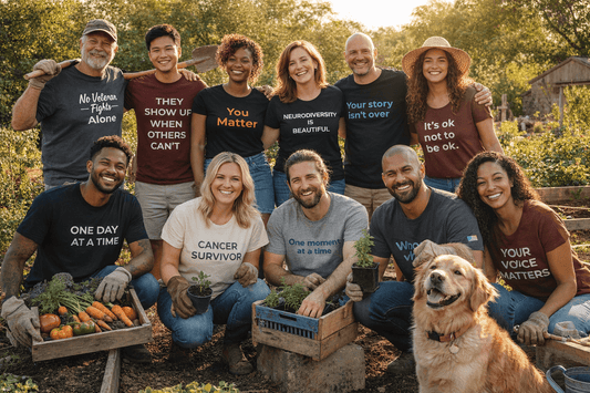 Diverse people wearing cause awareness shirts working together outdoors with positive messages and support
