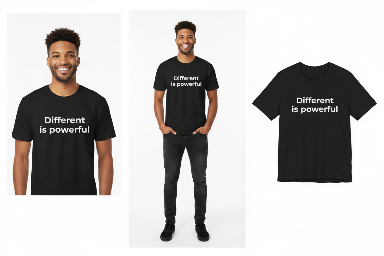 black shirt with text different is powerful
