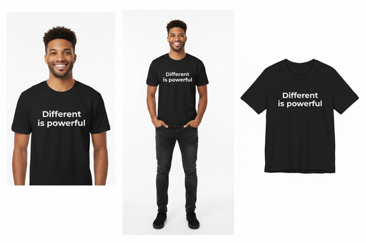 black shirt with text different is powerful