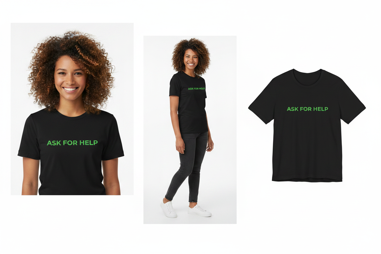 Black t-shirt with 'ASK FOR HELP' text worn by a person on a white background