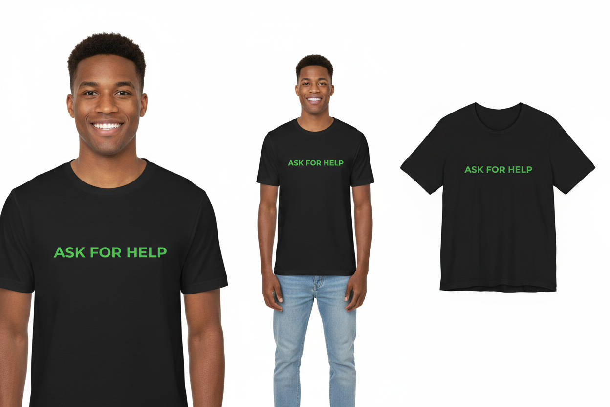 Black t-shirt with 'ASK FOR HELP' text worn by a person, displayed front and back.