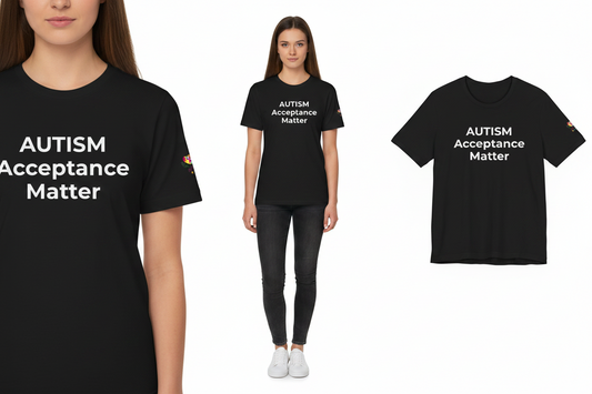 Black t-shirt with 'AUTISM Acceptance Matter' text worn by a person on a white background