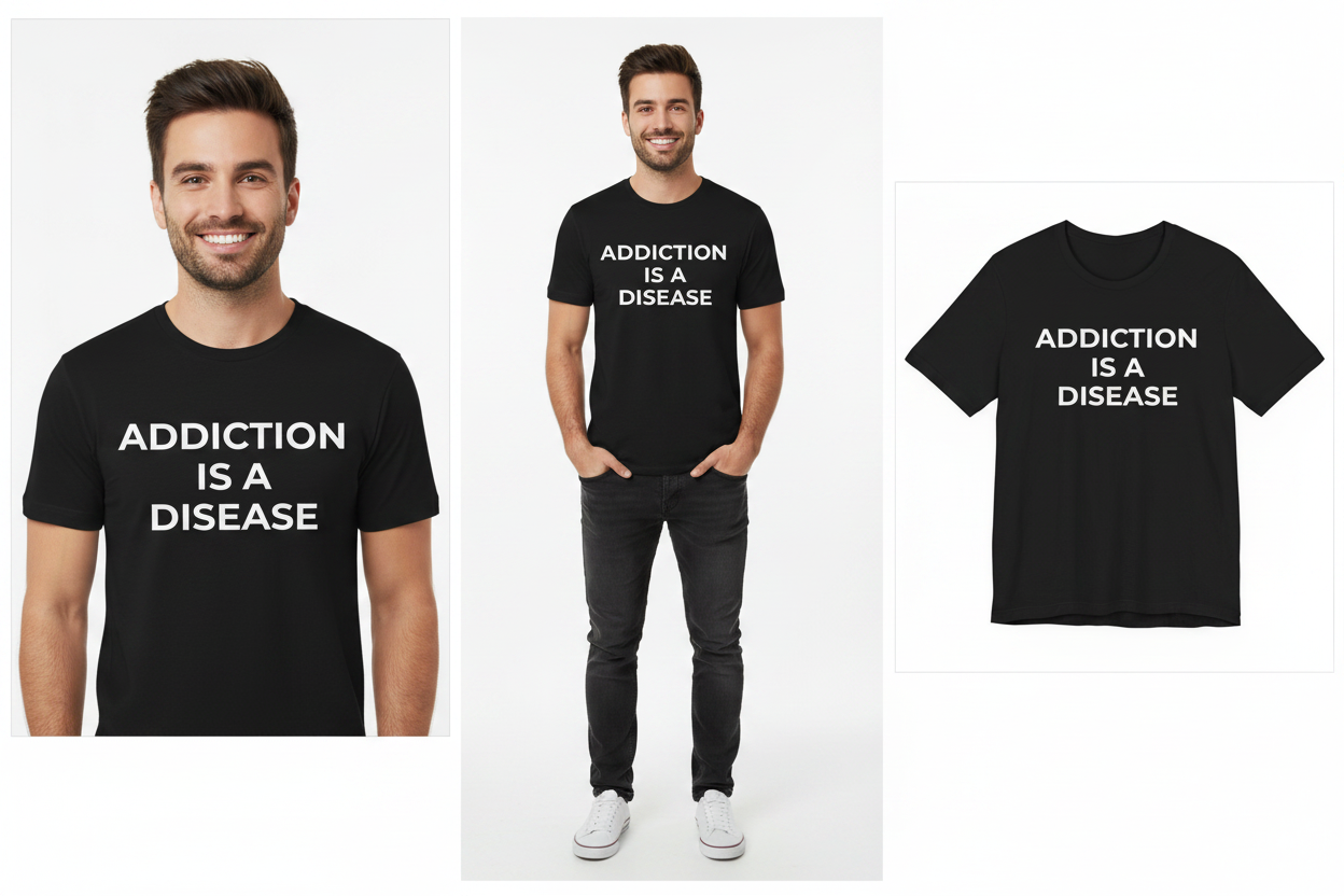Black t-shirt with 'Addiction is a Disease' text worn by a person on a white background
