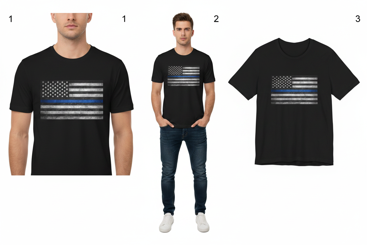 Black t-shirt with American flag design featuring a thin blue line worn by a person.