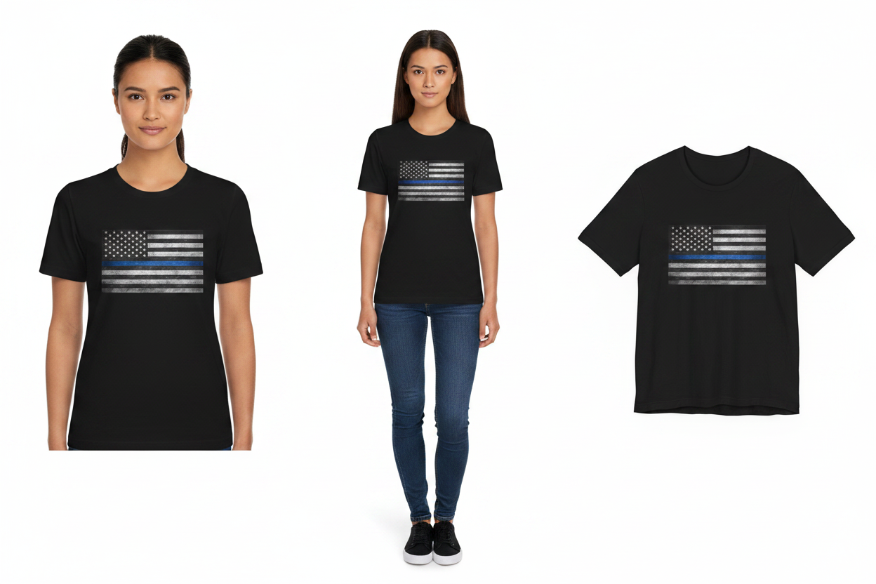 Black t-shirt with American flag design worn by a person, displayed from front, side, and top angles.