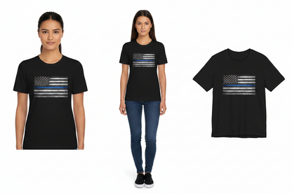 Black t-shirt with American flag design worn by a person, displayed from front, side, and top angles.