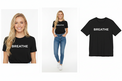 Black t-shirt with 'BREATHE' text worn by a model on a white background