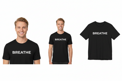 Black t-shirt with 'BREATHE' text worn by a person on a white background