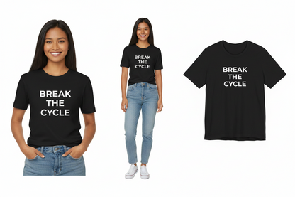 Black t-shirt with 'Break The Cycle' text worn by a person on a white background