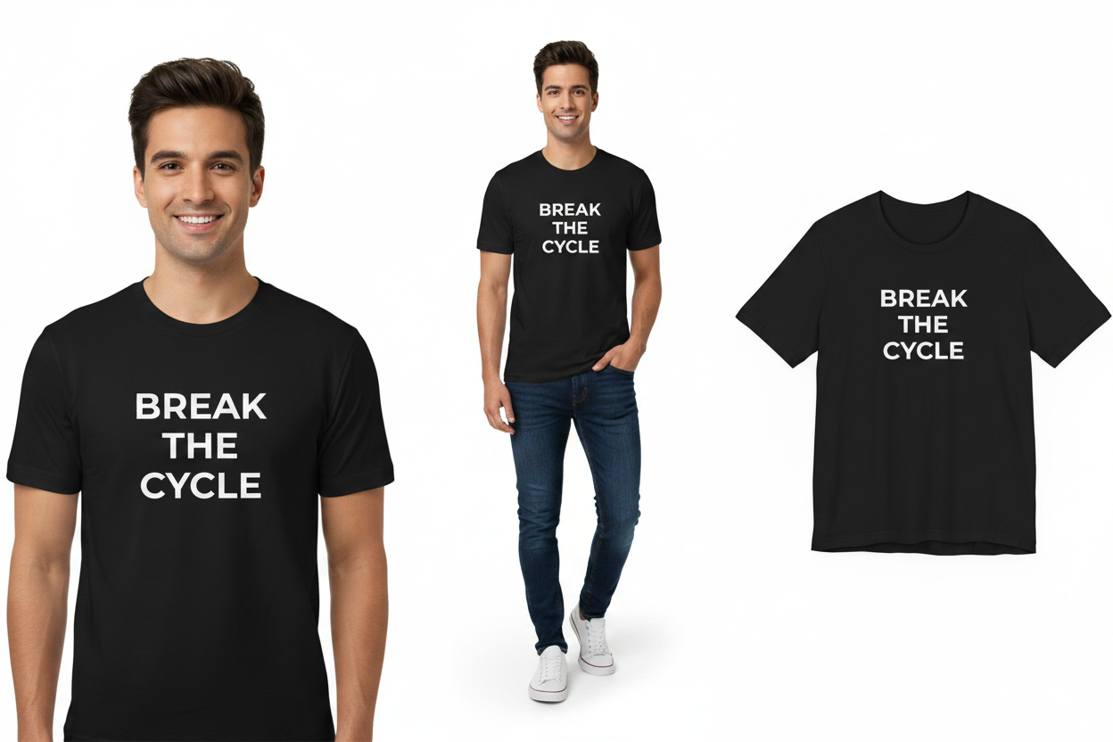 Black t-shirt with 'Break the Cycle' text worn by a person on a white background