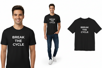 Black t-shirt with 'Break the Cycle' text worn by a person on a white background