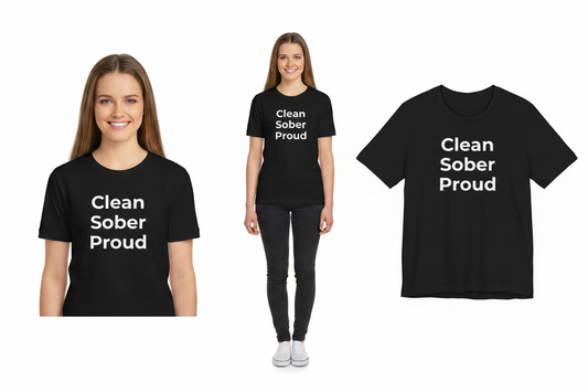 Black t-shirt with 'Clean Sober Proud' text worn by a person, displayed on a white background.