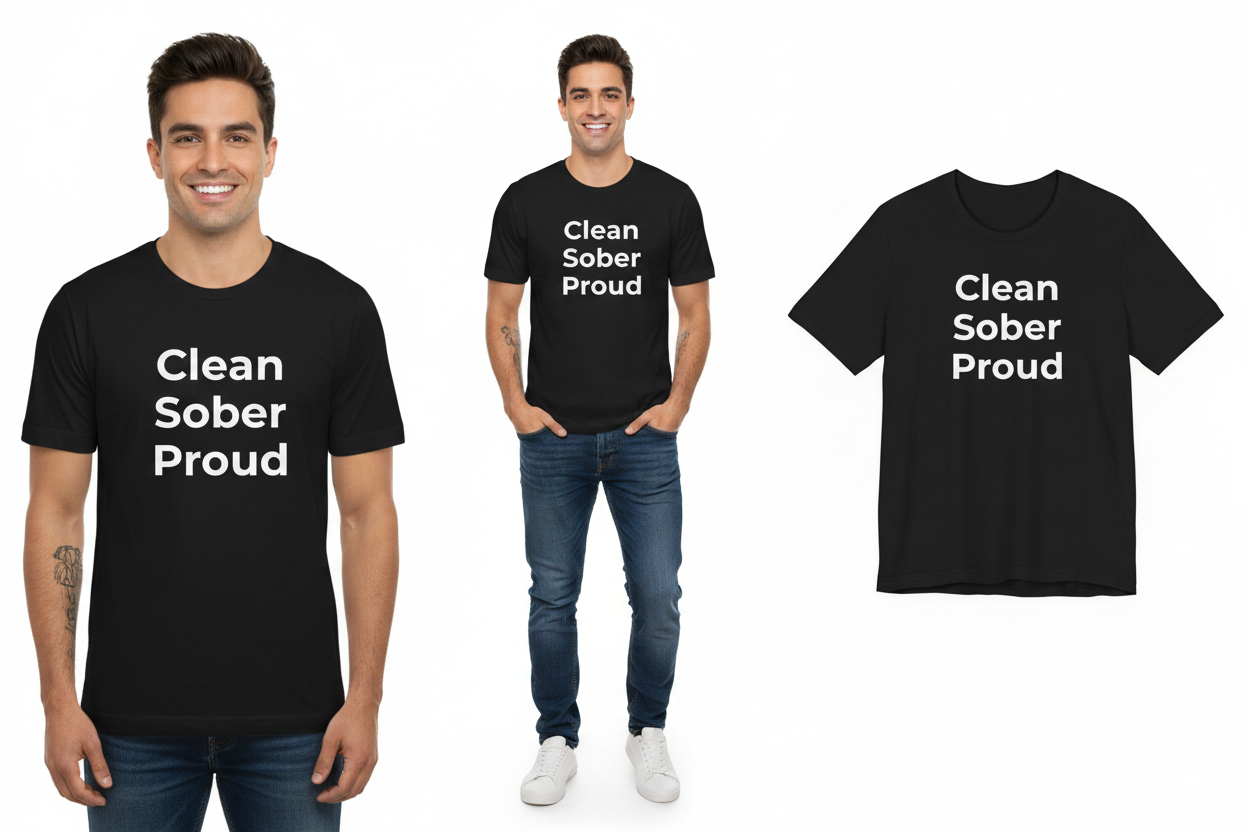 Black t-shirt with 'Clean Sober Proud' text worn by a man, displayed on a white background.