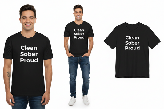 Black t-shirt with 'Clean Sober Proud' text worn by a man, displayed on a white background.