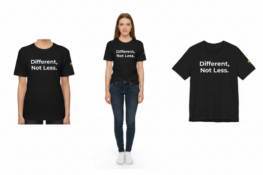 Black t-shirt with 'Different, Not Less.' text worn by a person on a white background