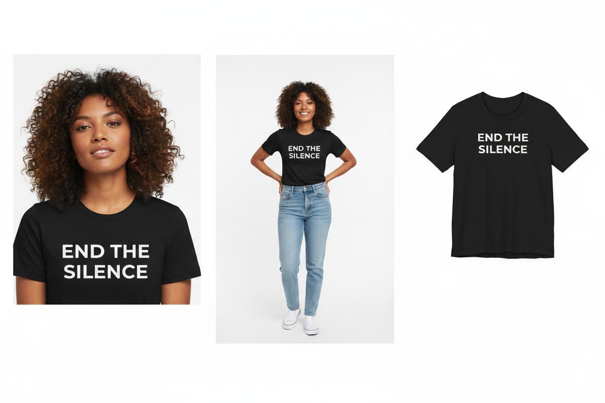 Black t-shirt with 'END THE SILENCE' text worn by a person, displayed on a white background.