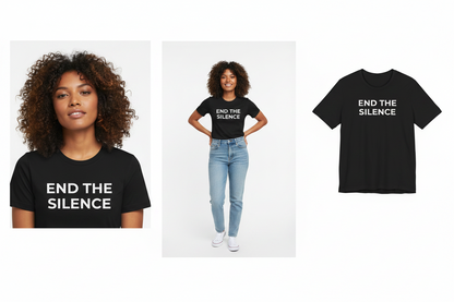 Black t-shirt with 'END THE SILENCE' text worn by a person, displayed on a white background.