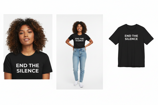 Black t-shirt with 'END THE SILENCE' text worn by a person, displayed on a white background.