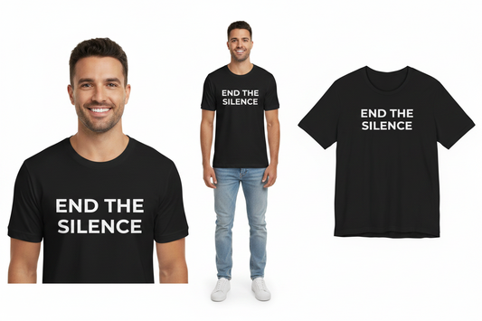 Black t-shirt with 'END THE SILENCE' text worn by a person, displayed on a white background.