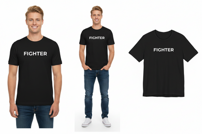 Black t-shirt with 'FIGHTER' text worn by a person on a white background