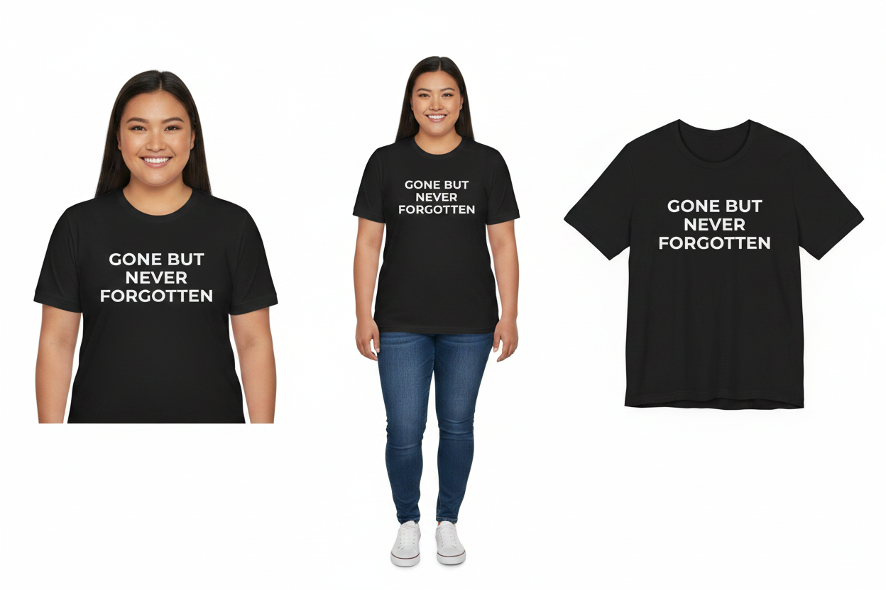 Black t-shirt with 'GONE BUT NEVER FORGOTTEN' text worn by a person, displayed on a white background.