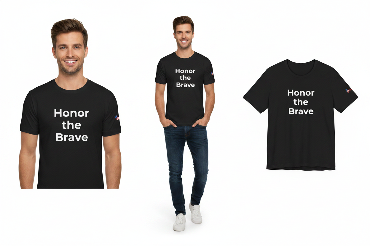 Black t-shirt with 'Honor the Brave' text worn by a man on a white background