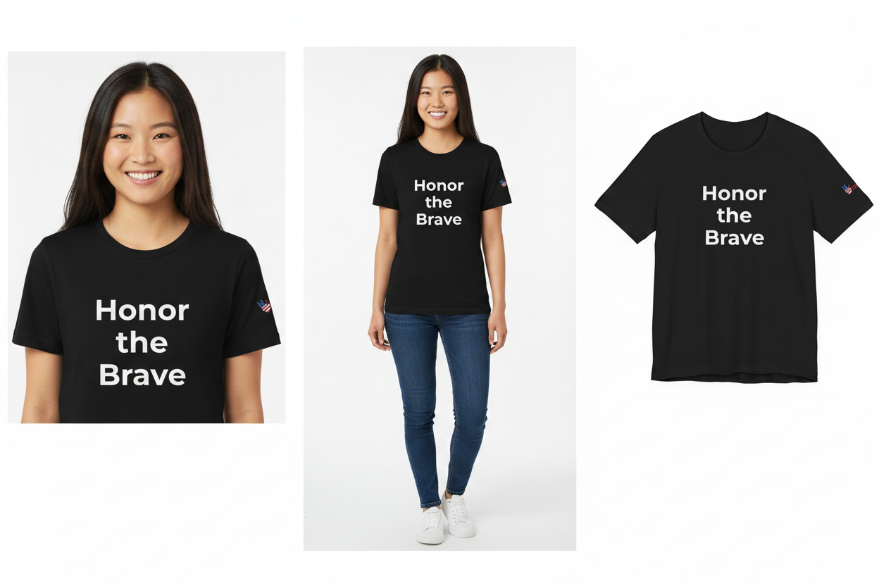 Black t-shirt with 'Honor the Brave' text worn by a person on a white background