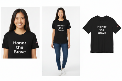 Black t-shirt with 'Honor the Brave' text worn by a person on a white background