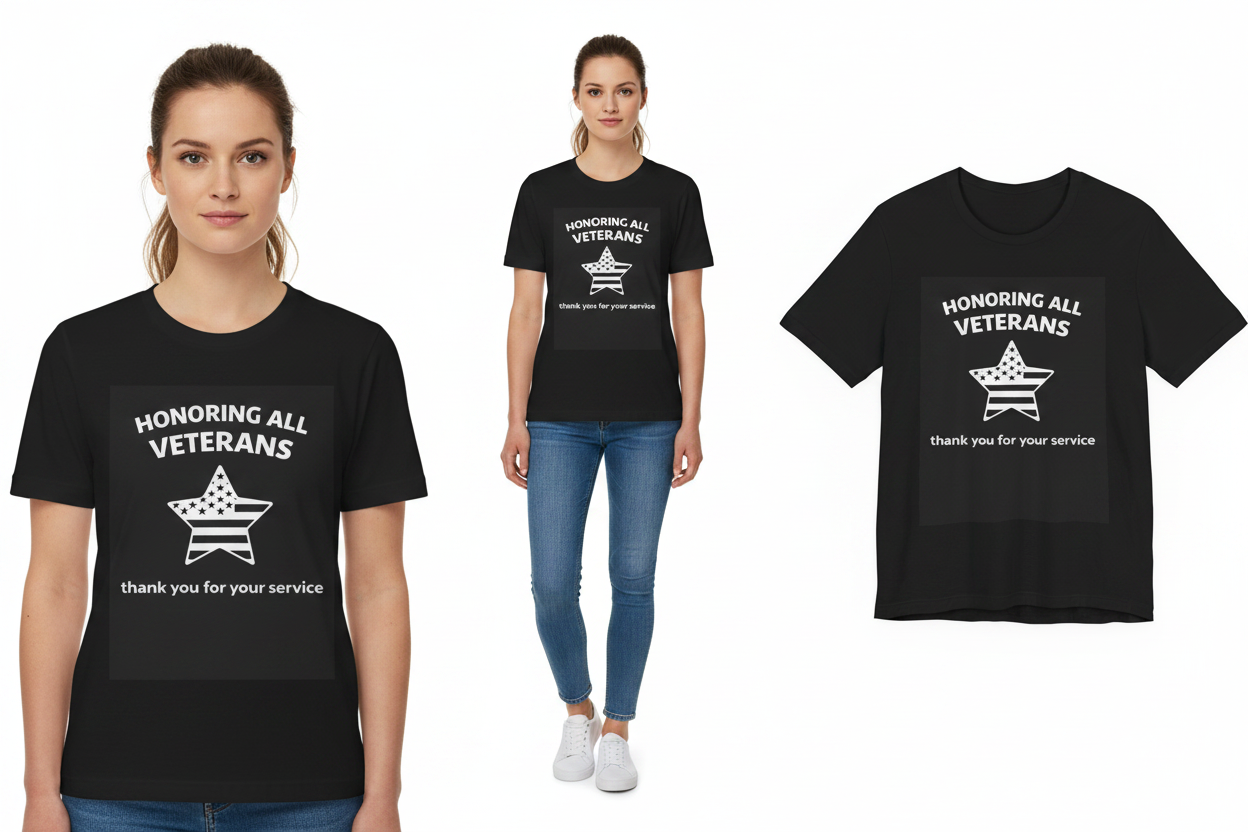 Black t-shirt with 'Honoring All Veterans' design worn by a person, displayed on a white background.