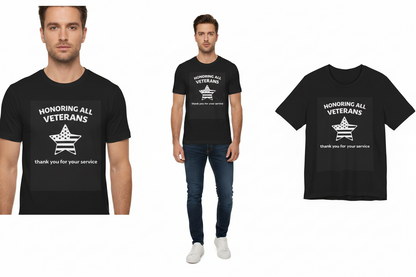 Black t-shirt with 'Honoring All Veterans' text and design, worn by a person.