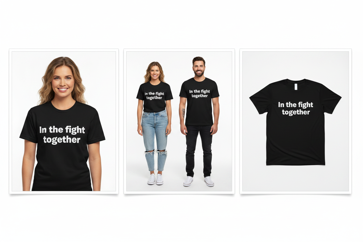 Black t-shirt with 'In the fight together' text worn by a woman