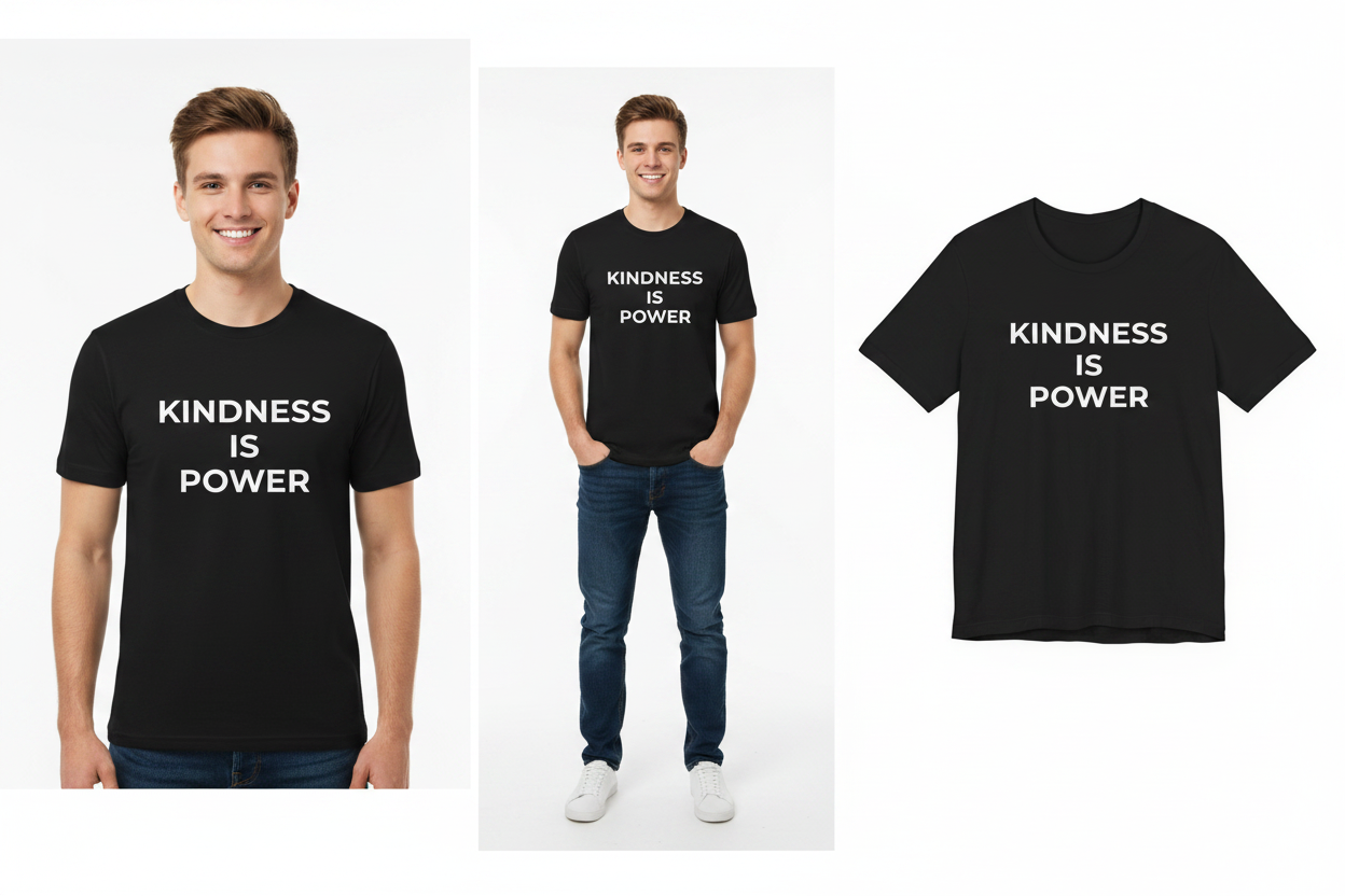 Black t-shirt with 'Kindness is Power' text worn by a person on a white background