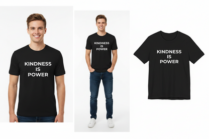 Black t-shirt with 'Kindness is Power' text worn by a person on a white background