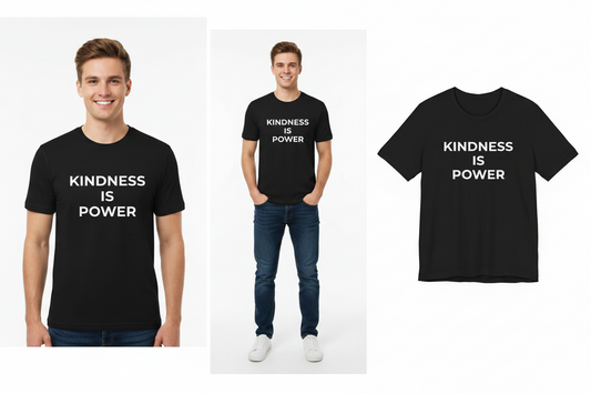 Black t-shirt with 'Kindness is Power' text worn by a person on a white background