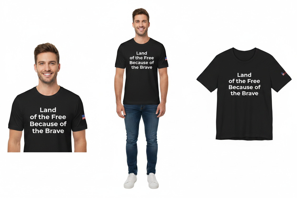 Black t-shirt with 'Land of the Free Because of the Brave' text worn by a man on a white background