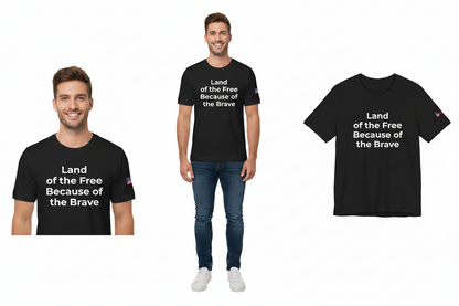 Black t-shirt with 'Land of the Free Because of the Brave' text worn by a man on a white background