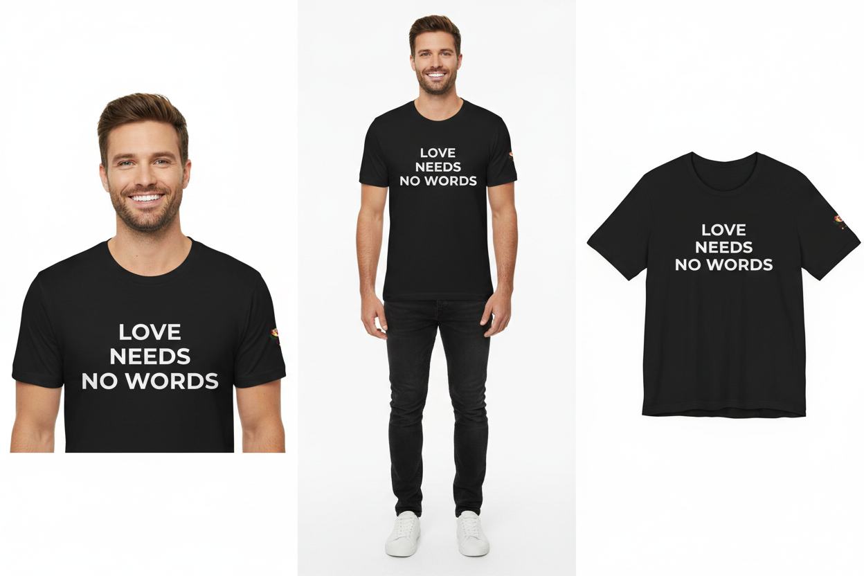 Black t-shirt with 'Love Needs No Words' text worn by a man on a white background