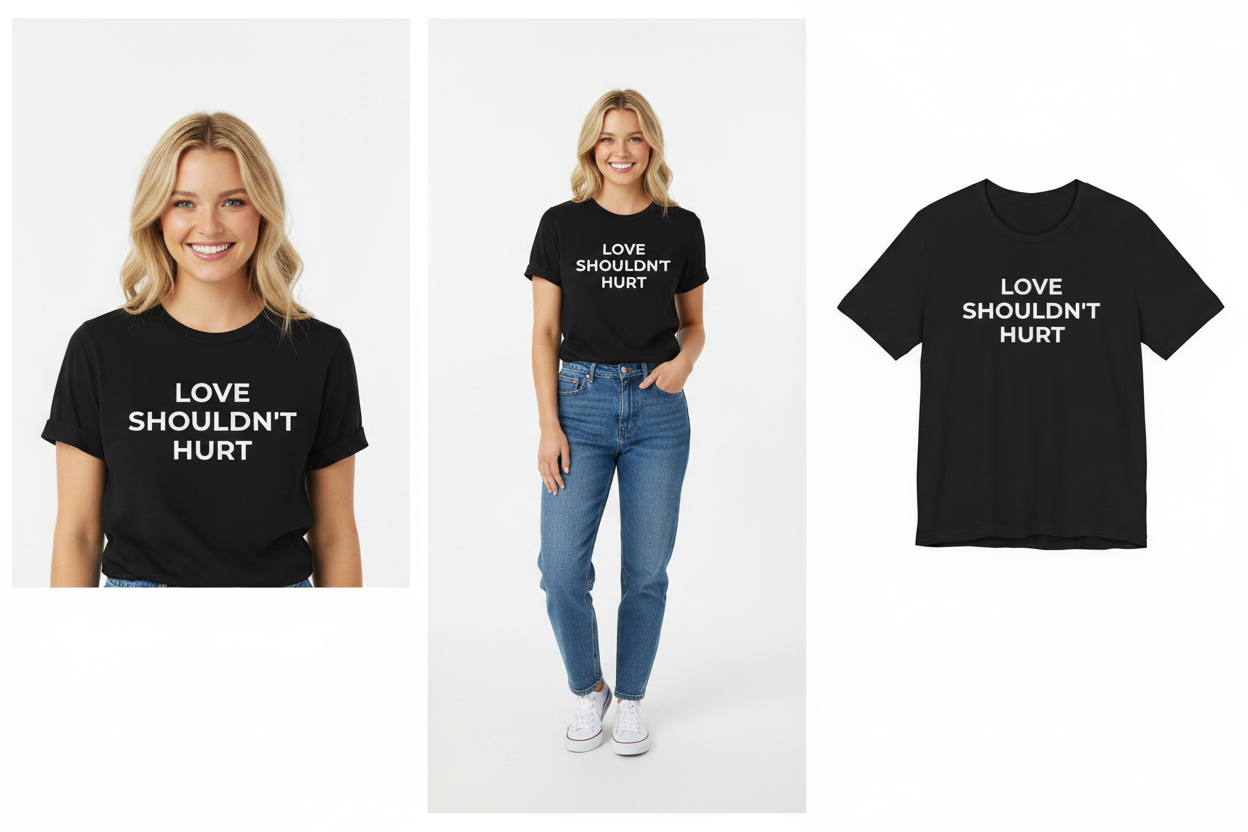 Black t-shirt with 'Love Shouldn't Hurt' text worn by a person, displayed on a white background.