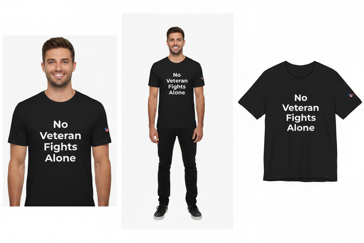 Black t-shirt with 'No Veteran Fights Alone' text worn by a person on a white background