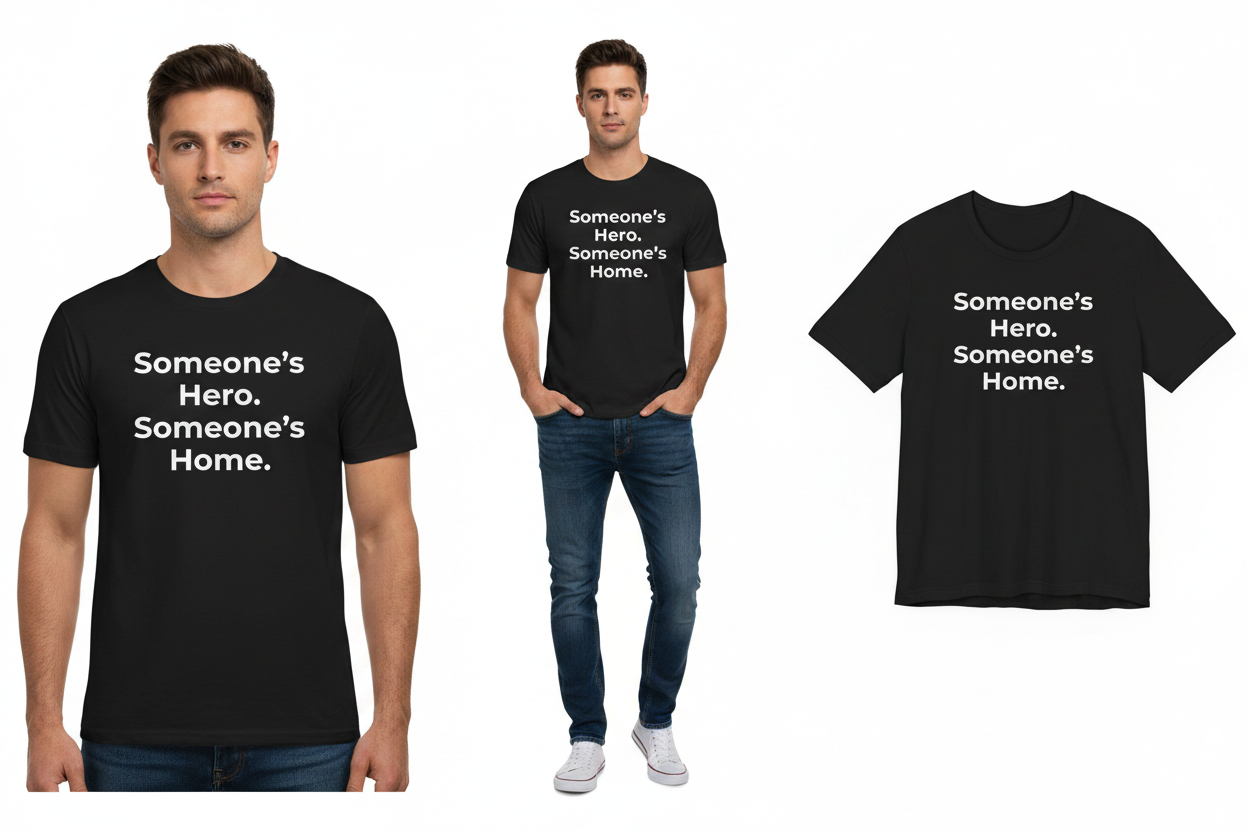 Black t-shirt with 'Someone's Hero. Someone's Home.' text worn by a person on a white background