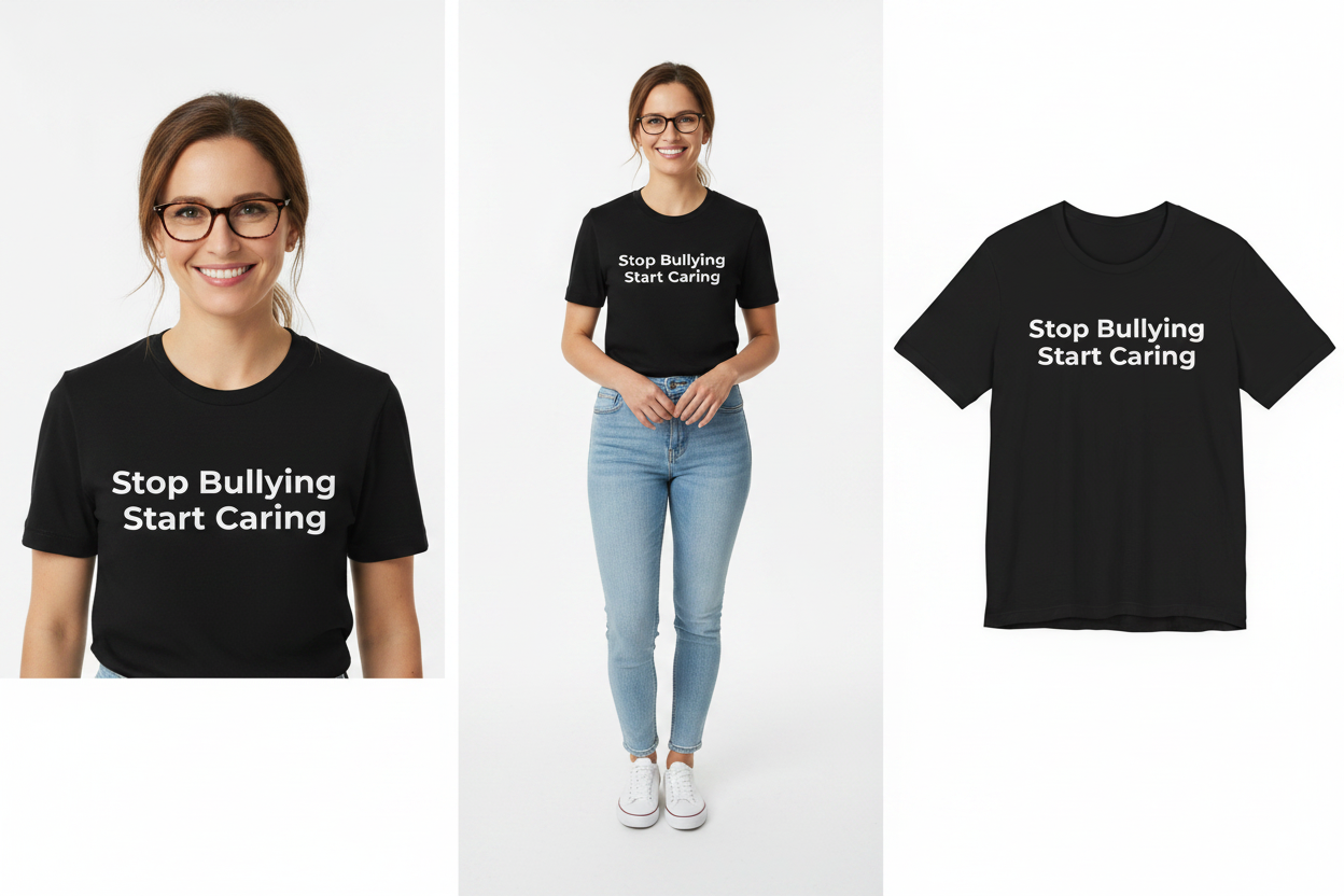 Black t-shirt with 'Stop Bullying Start Caring' text worn by a person on a white background