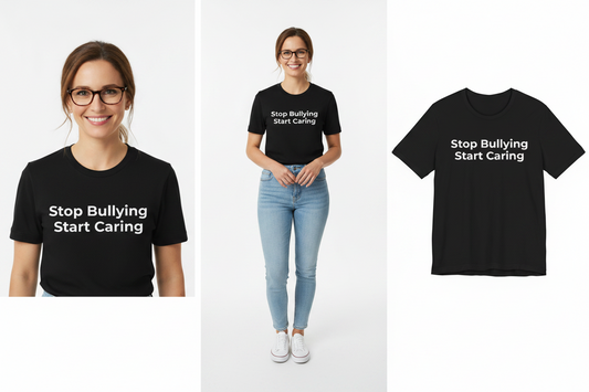 Black t-shirt with 'Stop Bullying Start Caring' text worn by a person on a white background