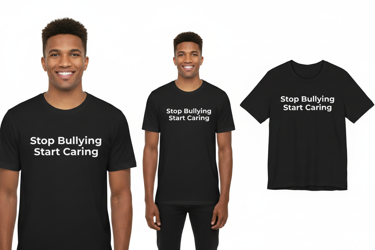 Black t-shirt with 'Stop Bullying Start Caring' text worn by a person, displayed on a white background.