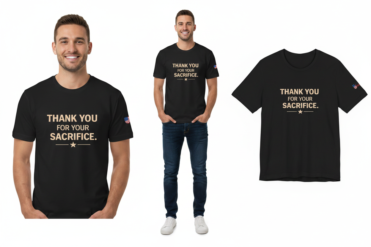 Black t-shirt with 'Thank you for your sacrifice' text worn by a person on a white background
