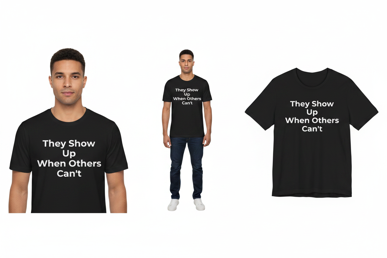Black t-shirt with 'They Show Up When Others Can't' text worn by a person on a white background