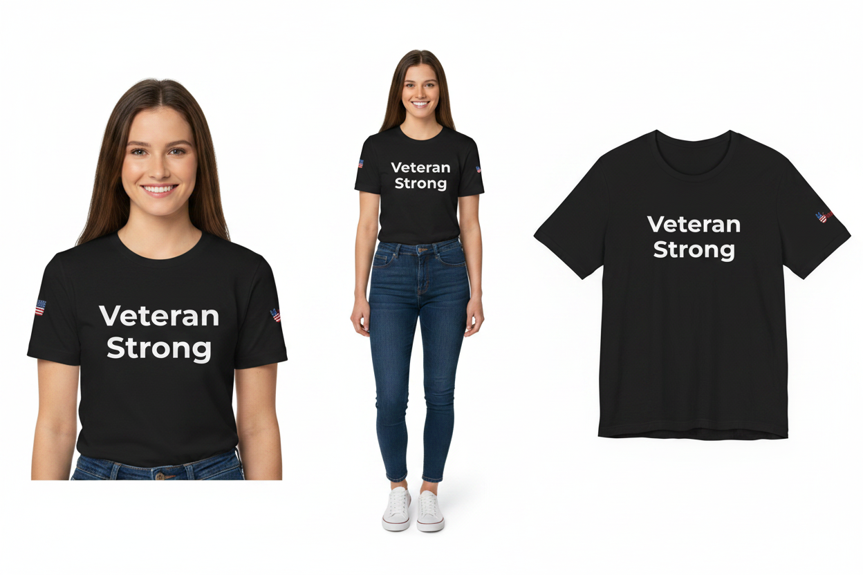 Black t-shirt with 'Veteran Strong' text worn by a woman on a white background