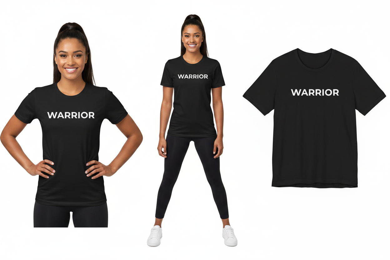 Black t-shirt with 'WARRIOR' text worn by a person on a white background