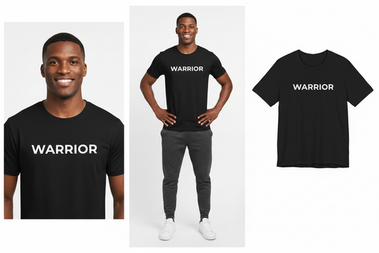 Black t-shirt with 'WARRIOR' text worn by a person on a white background
